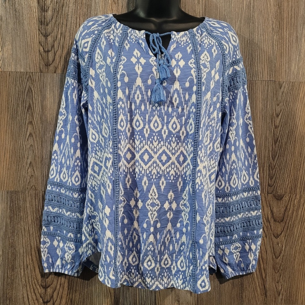 Coolibar Sarti Shirt Sz M Blue/White UPF 50+ Long Slv Crochet Tasseled Bohemian